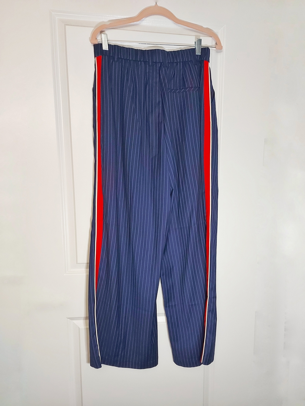 Maeve Navy Pinstripe Wide-Leg Pants with Orange Side Stripe - Picture 6 of 8